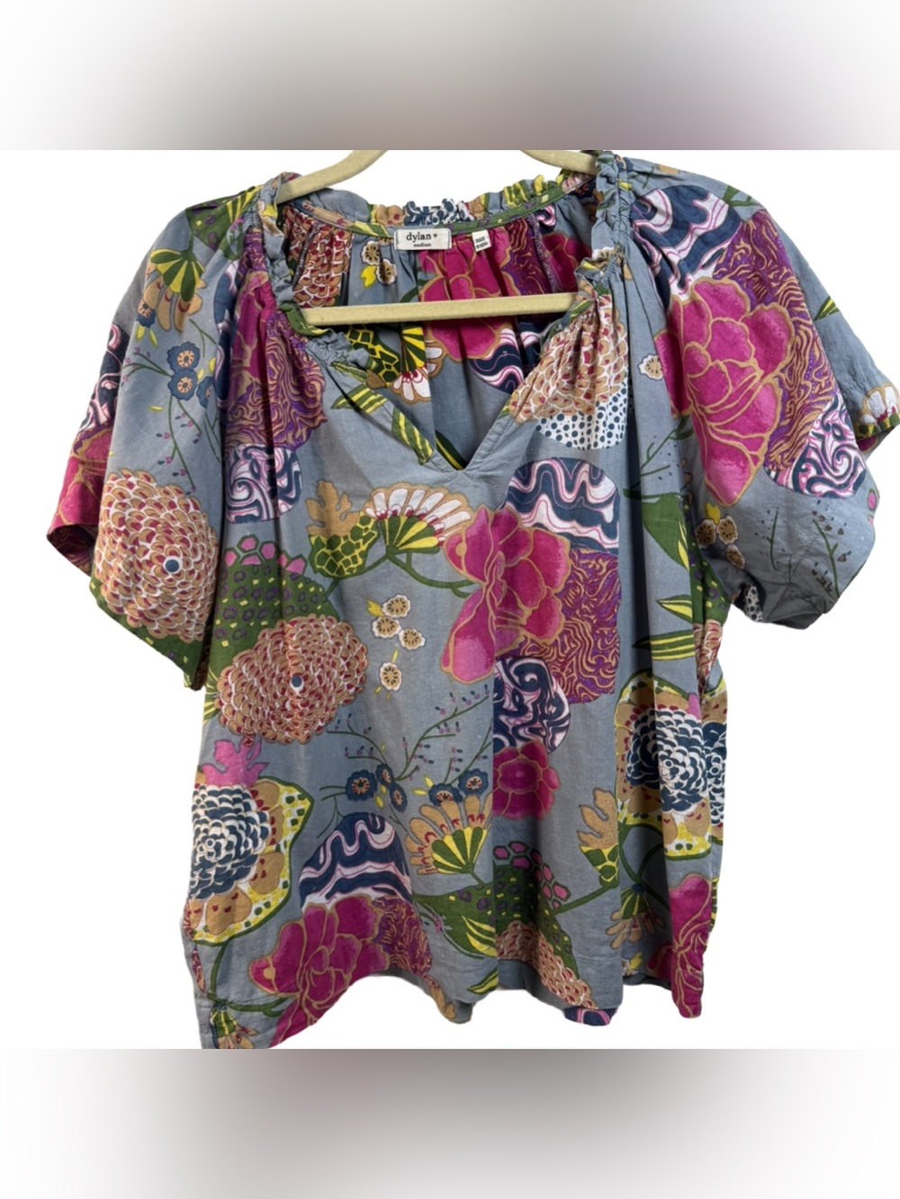dylan Floral Puff-Sleeve Peasant Top in Blue, Pink and Green